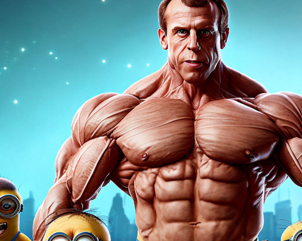 Exaggerated muscular man caricature with "Despicable Me" minions on starry background