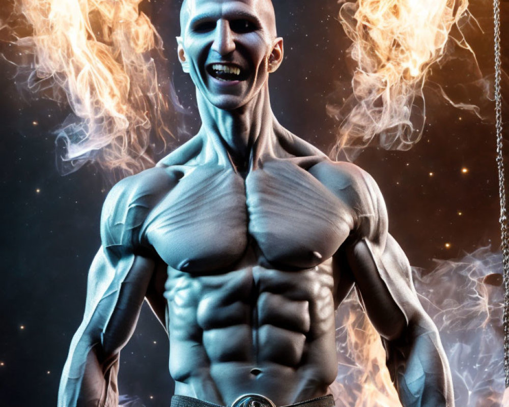 Muscular person with shaved head smiling in front of flames wearing dark athletic shorts