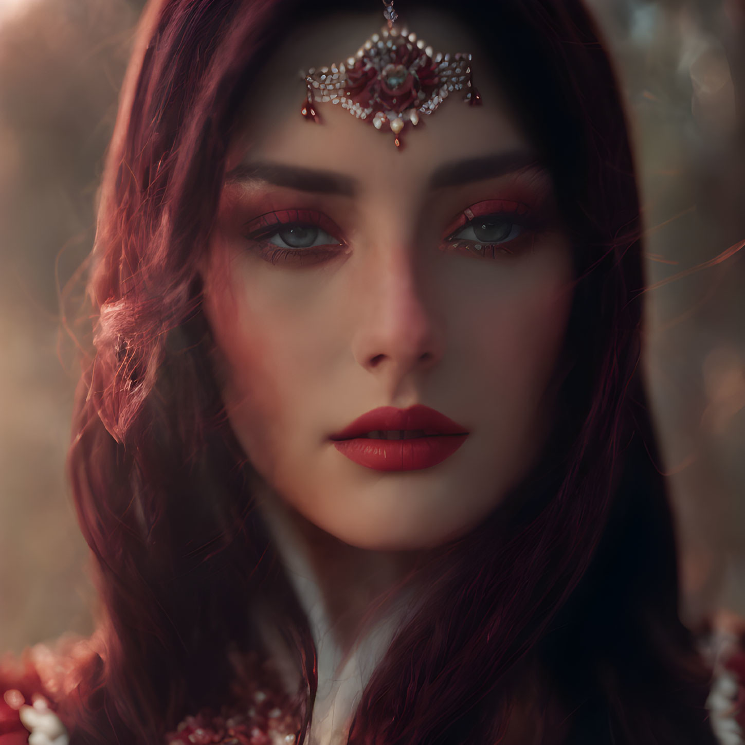 Deep red makeup woman with jeweled headpiece in warm-toned backdrop