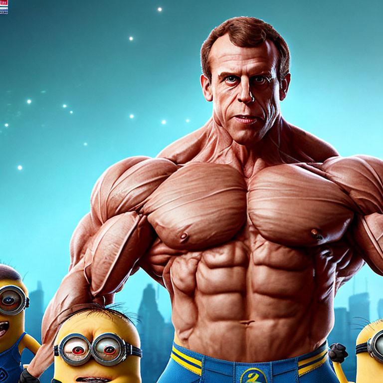 Exaggerated muscular man caricature with "Despicable Me" minions on starry background