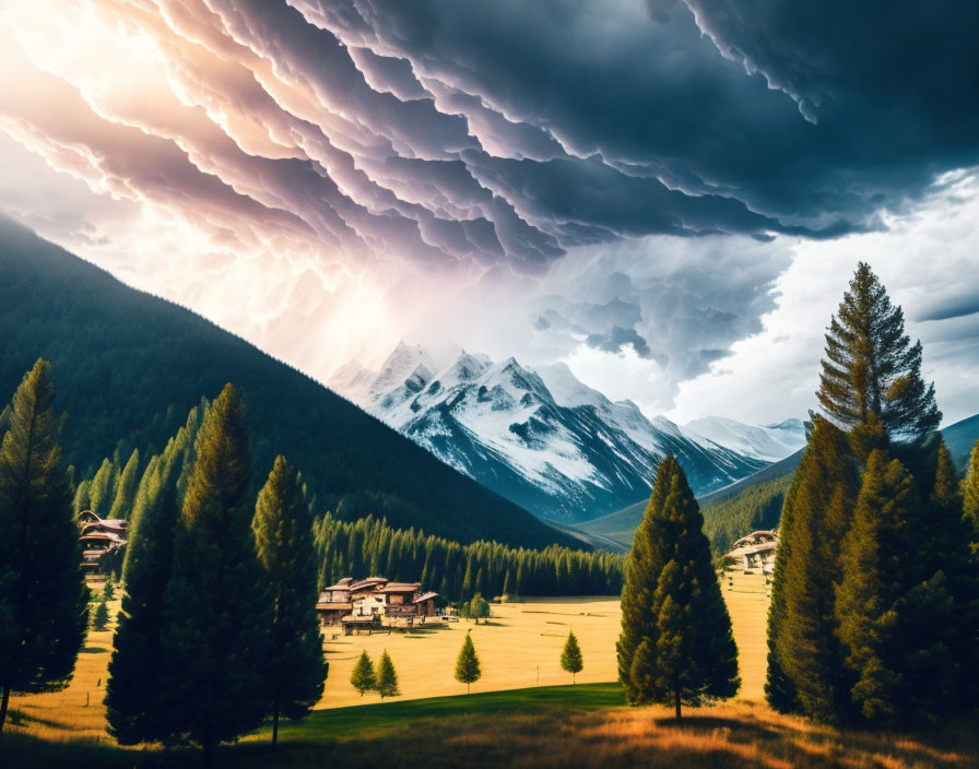 Stormy Sky Over Snow-Capped Mountains and Forest Village