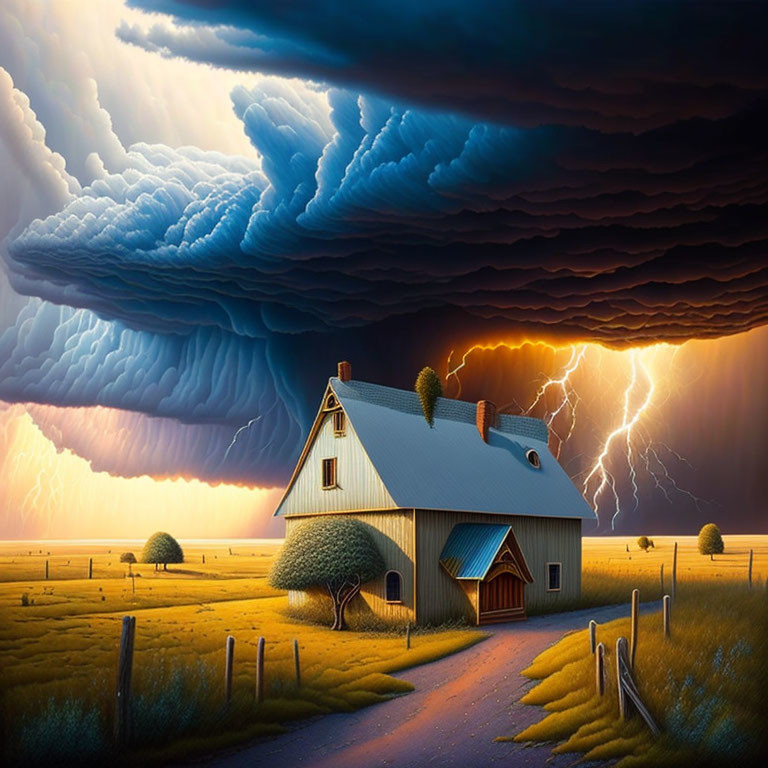 Dramatic barnhouse scene under turbulent sky and lightning