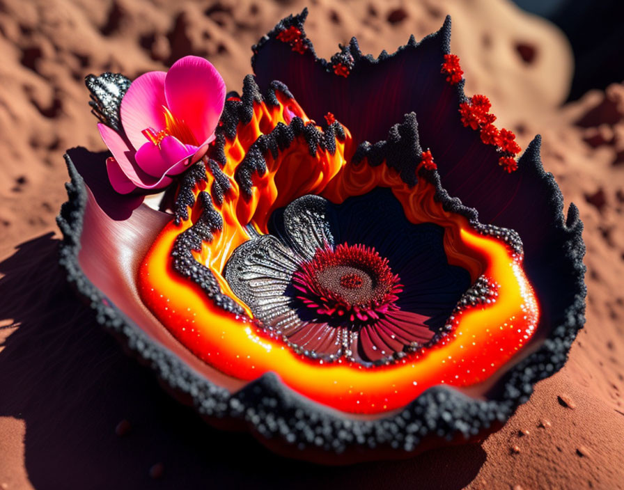 Colorful surreal shell with fiery edges and patterns on sand with pink petal.