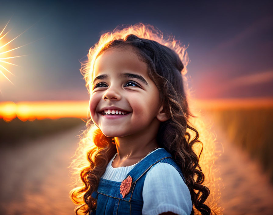 Curly-Haired Girl Smiling in Sunset Landscape