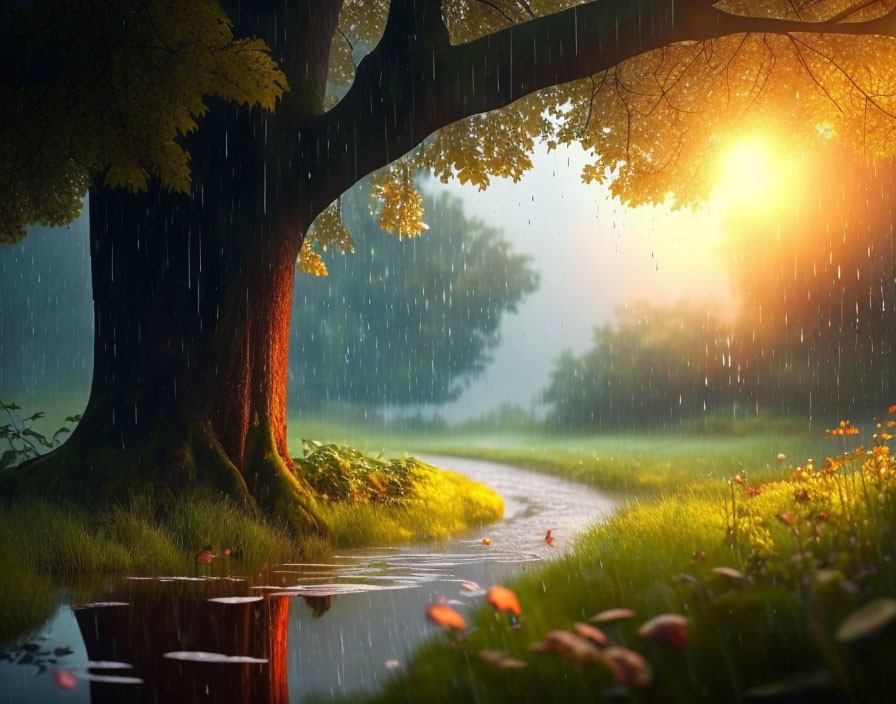 Sunlit Rainfall Scene with Tree and Puddles in Lush Greenery