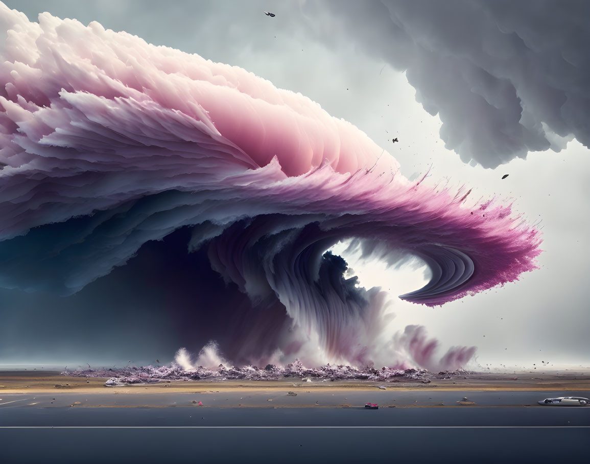 Surreal pink and gray wave crashing on barren landscape under stormy sky