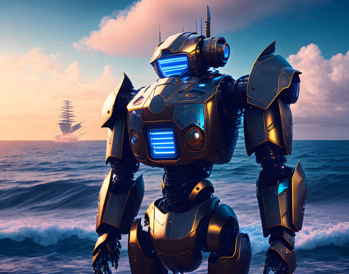 Futuristic robot on shore gazes at ocean with sailing ship at sunset