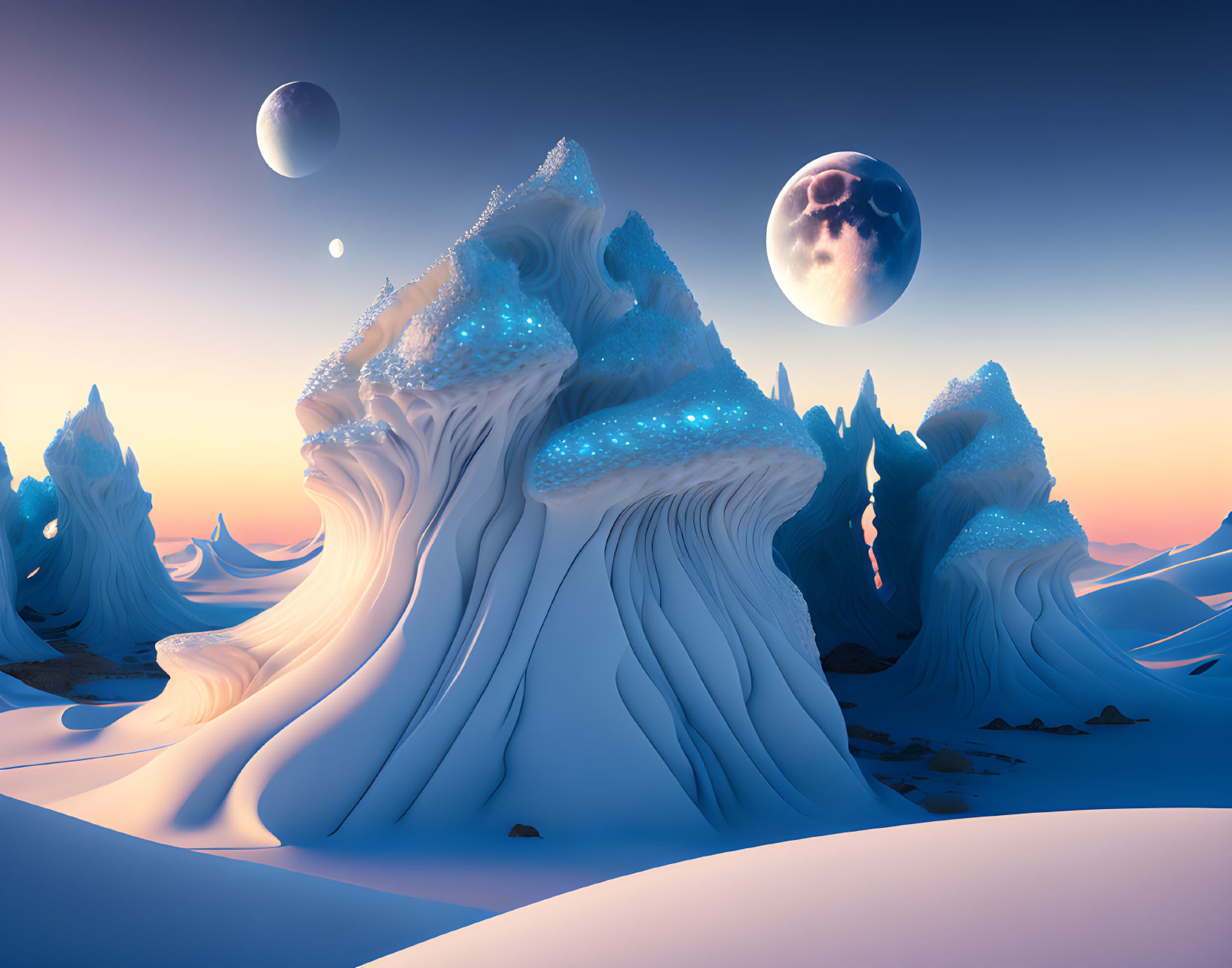 Surreal landscape featuring glowing tree-like structures on snow-covered ground under two moons and a distant planet