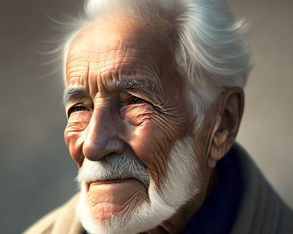 Elderly man portrait with white hair, mustache, and deep wrinkles
