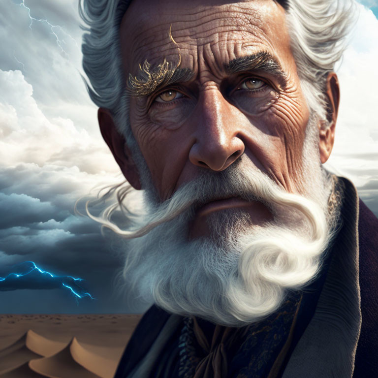 Elderly man with white beard and golden eyebrow decor in stormy desert scene