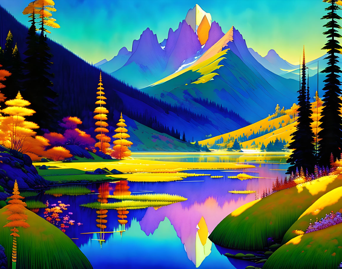 Colorful Trees and Mountains Reflecting in Serene Lake