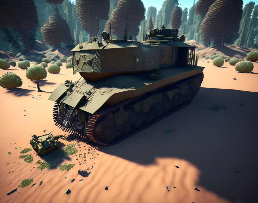 Military tank in desert with sparse vegetation and stylized trees under hazy sky