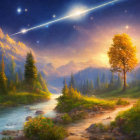 Vibrant dusk landscape with river, walking figures, lush trees, glowing flowers, shooting stars