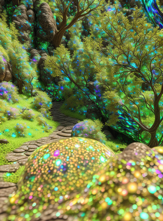 Colorful Pathway in Otherworldly Forest with Glowing Orbs