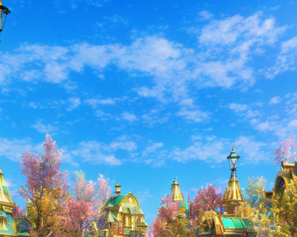 Blooming Trees and Colorful Victorian Buildings on a Picturesque Street