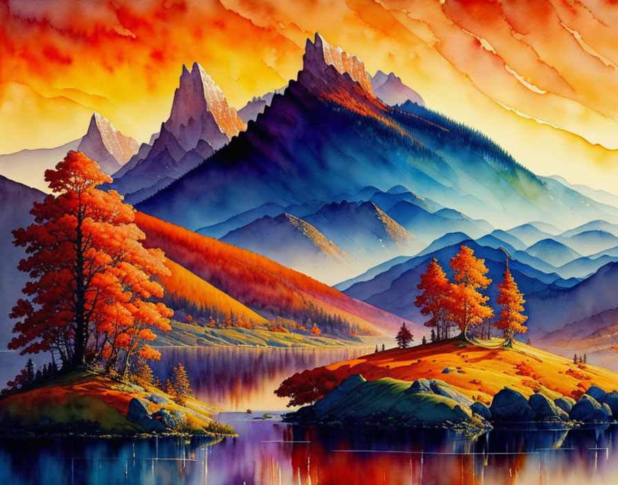 Colorful Watercolor Landscape: Fiery Sunset Skies, Blue Mountains, Autumn Trees, Serene