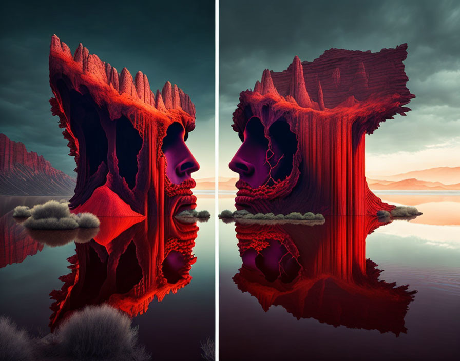 Surreal landscapes with human profiles in eroded cliffs and dramatic skies