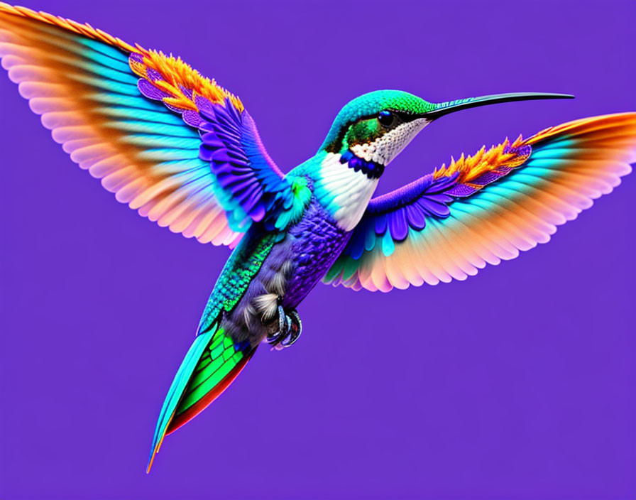 Colorful Hummingbird in Flight Against Purple Background
