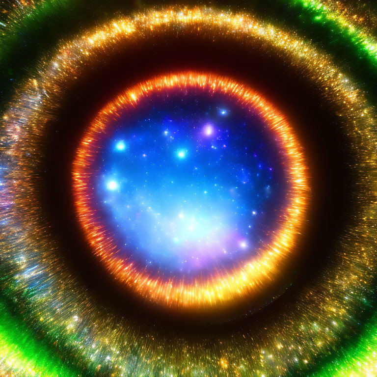 Colorful Cosmic Scene with Circular Glows in Green, Orange, and Blue