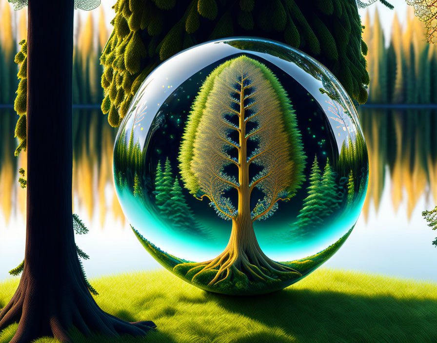 Surreal landscape with crystal ball, inverted tree, forest, greenery, mirrored lake at twilight