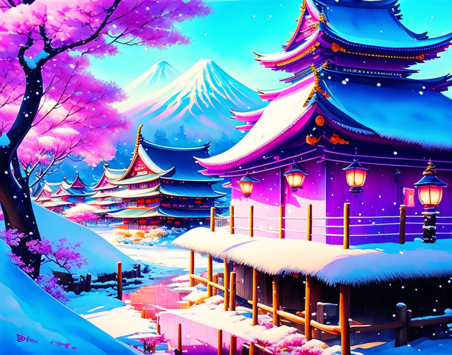 Japanese scene with cherry blossoms, snow temple, Mt. Fuji