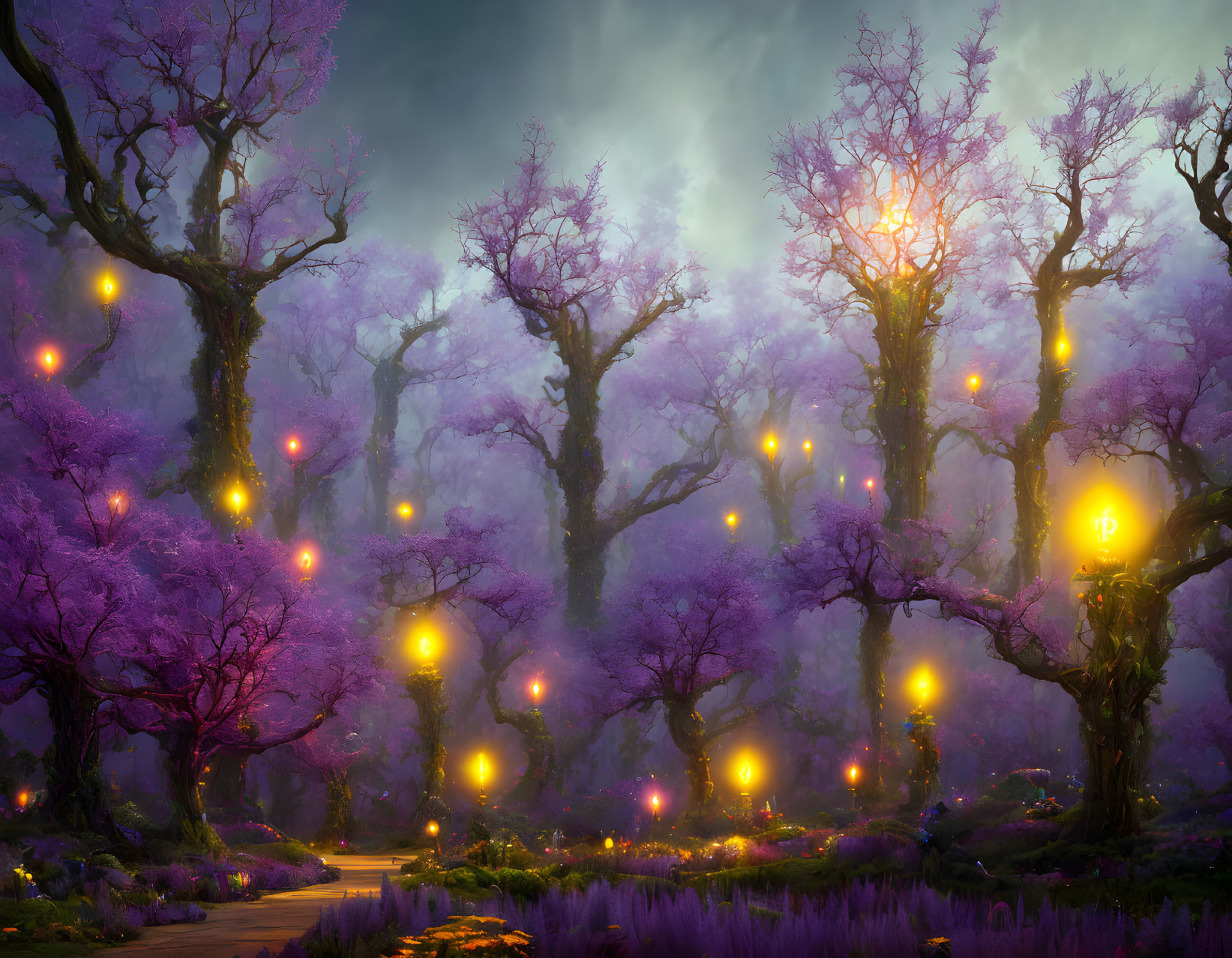 Enchanting forest path with purple trees and glowing lanterns