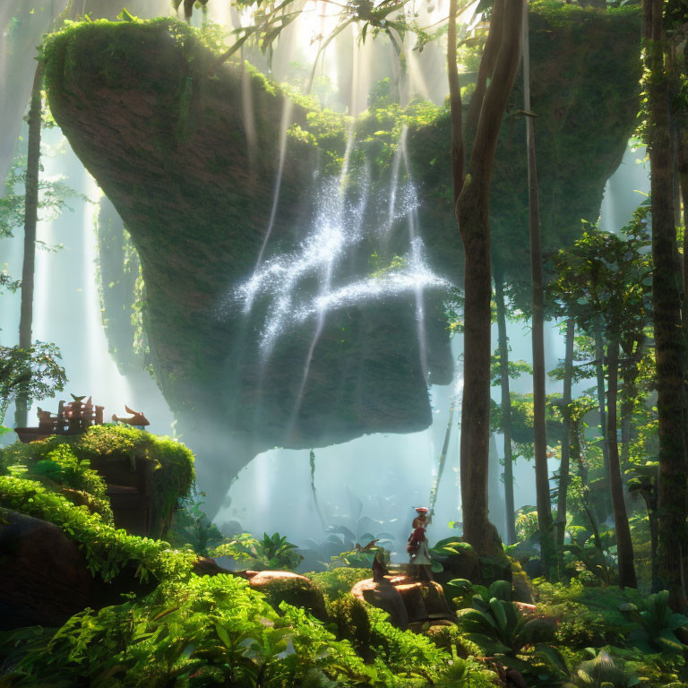 Mystical forest with floating rock, waterfall, and figure observing nature