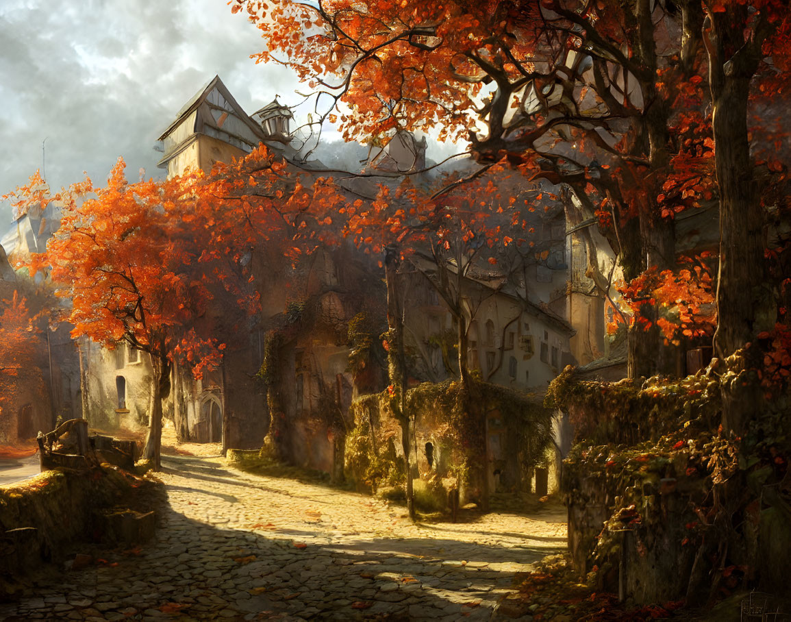 Picturesque Autumn Scene: Cobblestone Street & Medieval Buildings