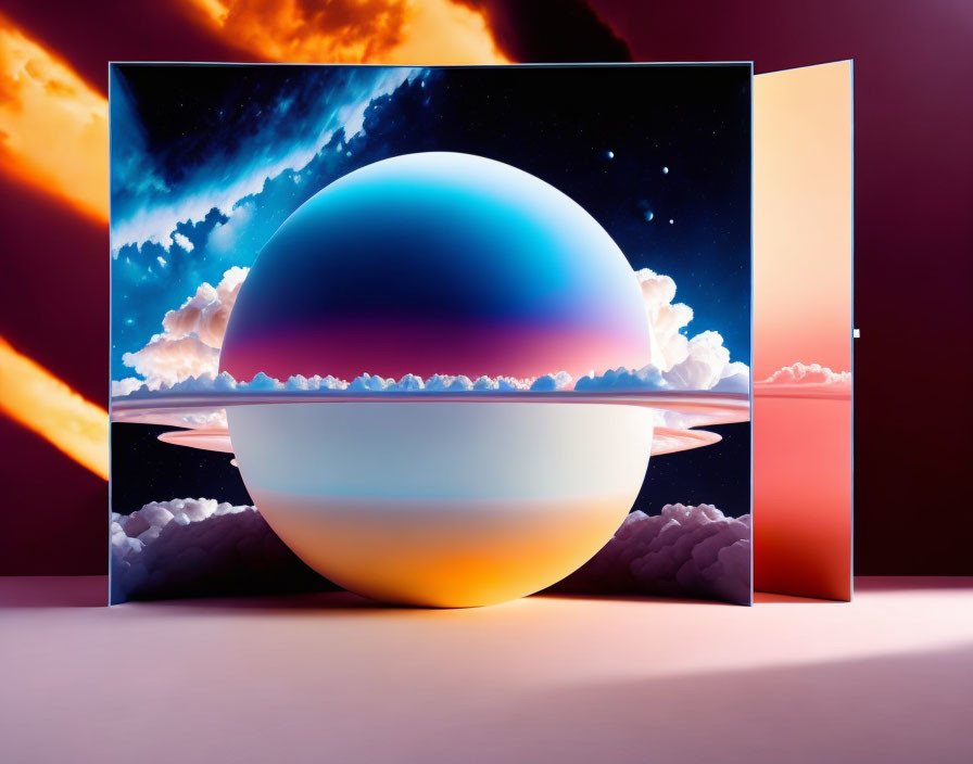 Surreal planet with rings on folding panels against vibrant sky