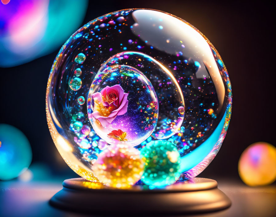 Colorful crystal ball with rose and lights on dark background
