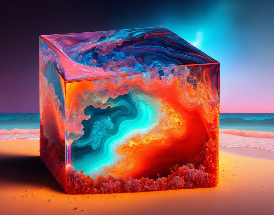 Colorful Swirling Cube on Sandy Beach at Twilight