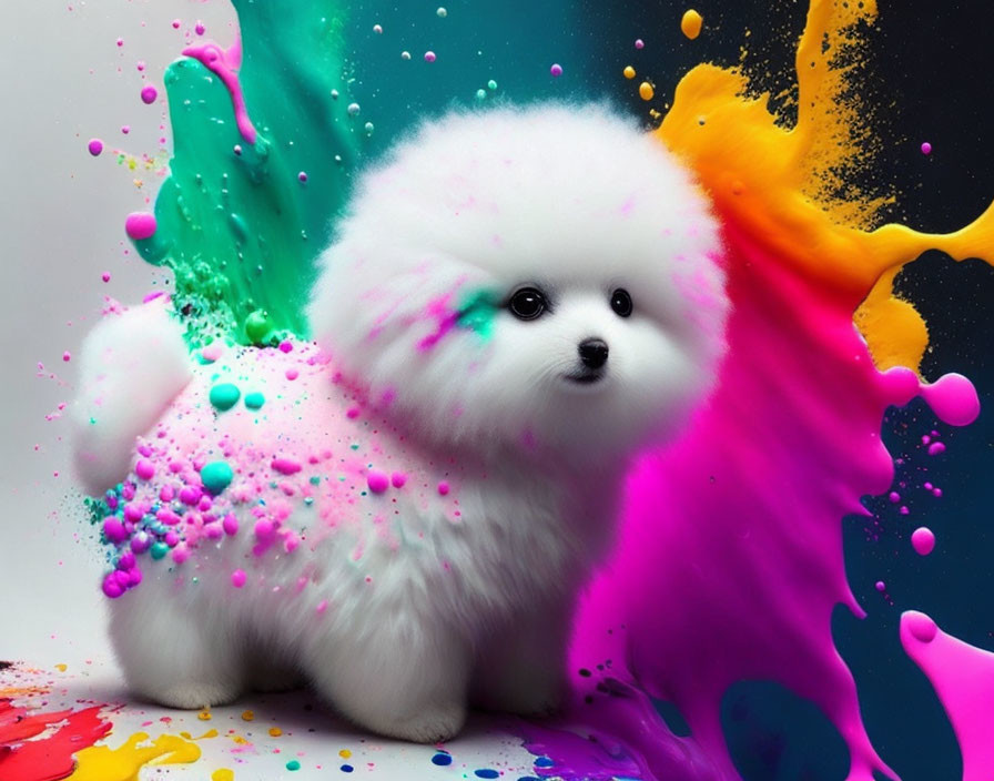 Fluffy White Pomeranian Surrounded by Colorful Paint Splashes