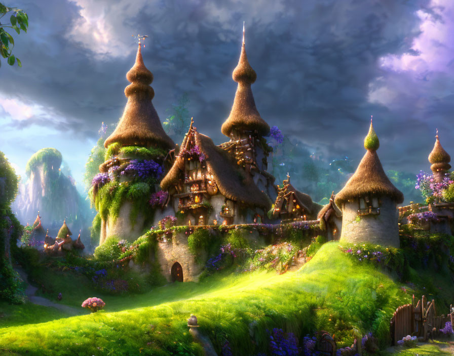 Whimsical cottages and spires in lush fantasy landscape