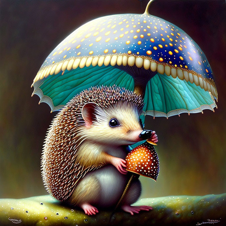 Colorful Mushroom Cap Umbrella Held by Hedgehog in Dreamy Setting