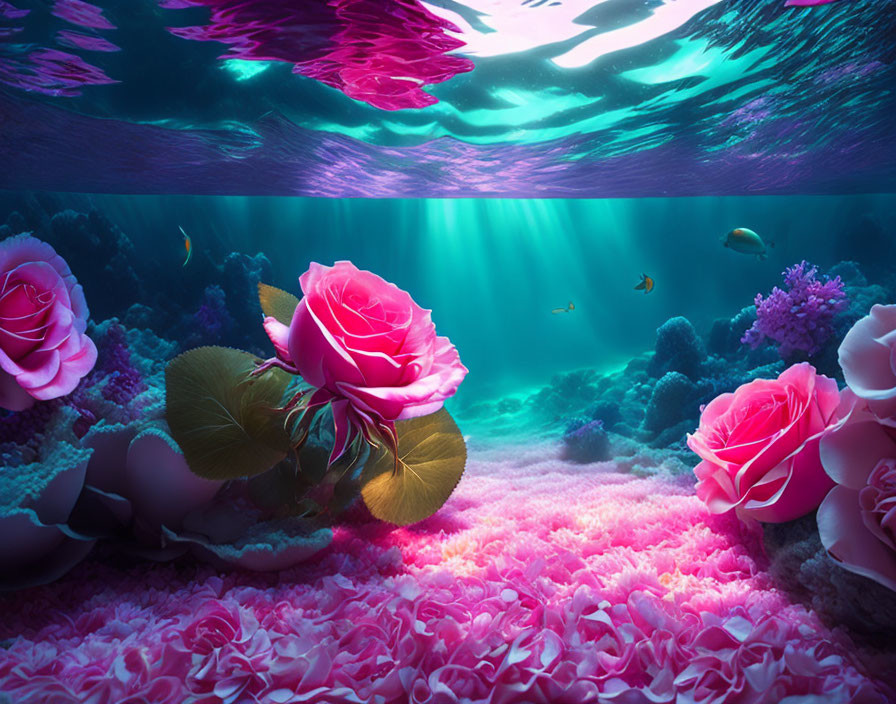 Vibrant pink roses and coral in underwater fantasy scene