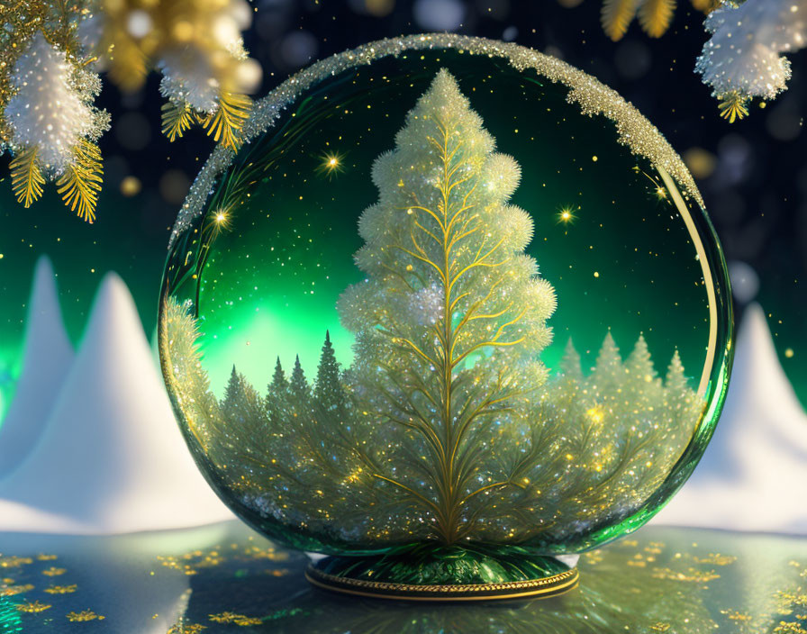 Snow globe with sparkling tree in snowy landscape