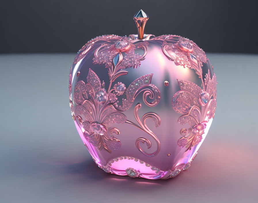 Shiny Pink Crystal Apple with Gold Leaf and Floral Patterns