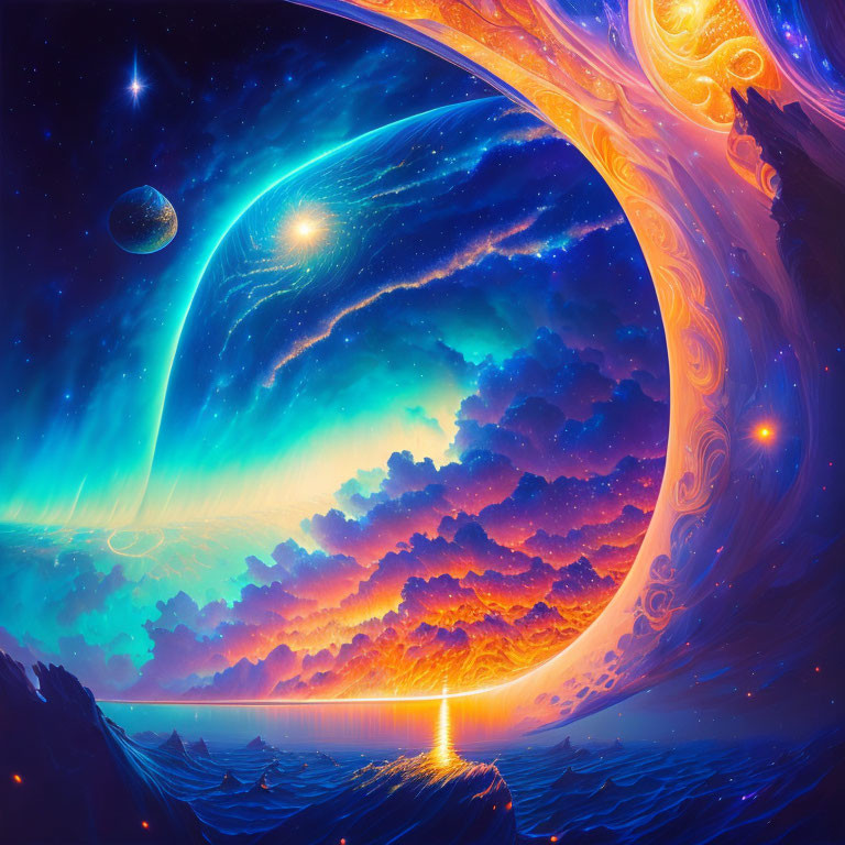 Colorful cosmic landscape with orange nebula, stars, planets, ocean, and blue sky