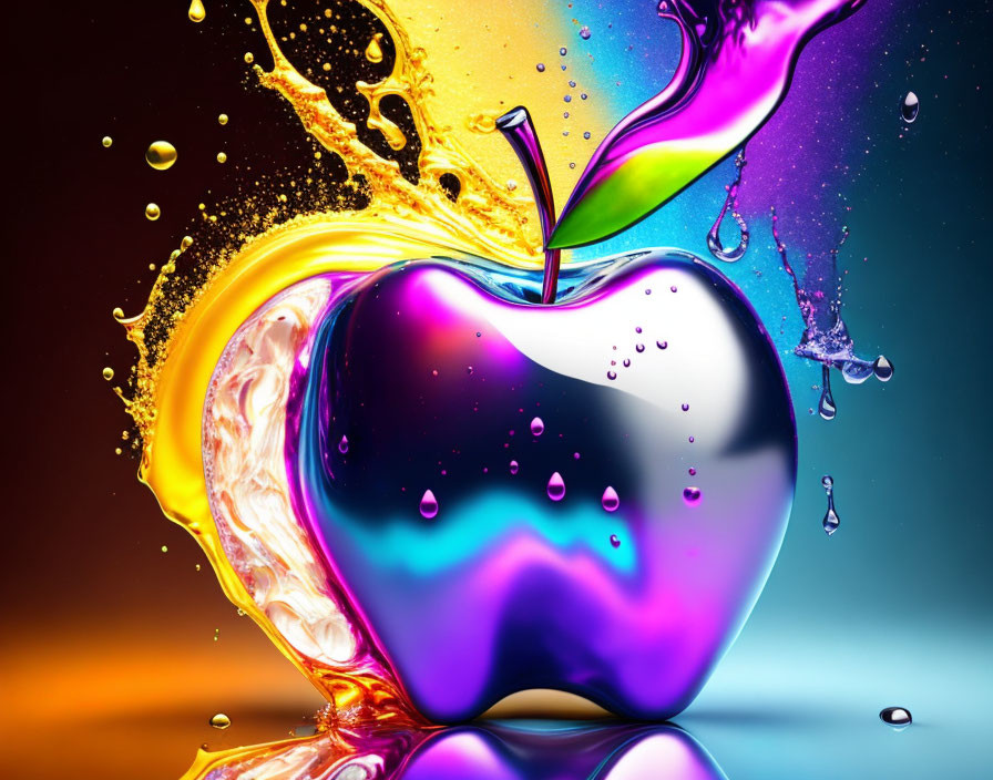 Colorful glossy apple with yellow, pink, and purple liquid splashes
