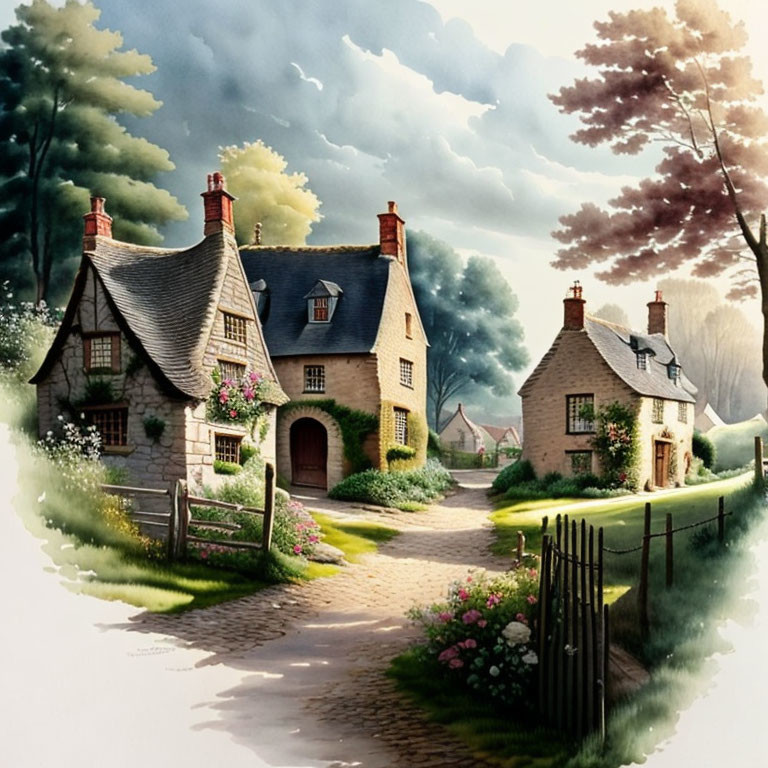Tranquil painting of thatched-roof cottages in lush greenery