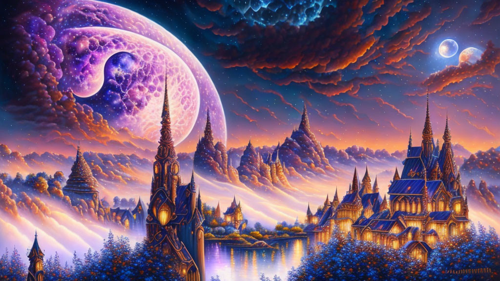 Majestic castles in vibrant fantasy landscape with moons and river