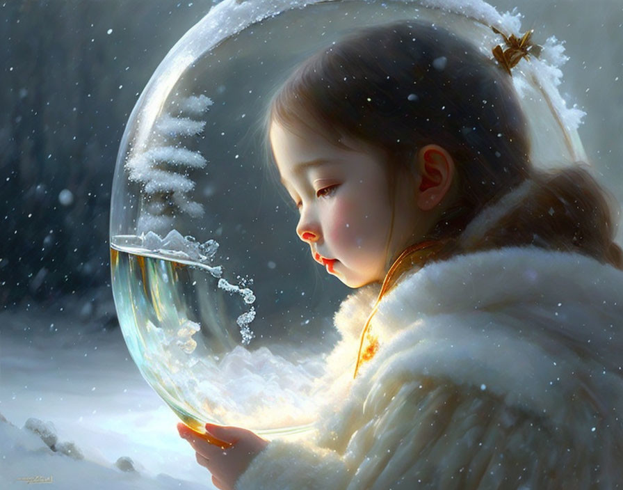 Child in snowy scene holds delicate bubble with winter fairy in soft light