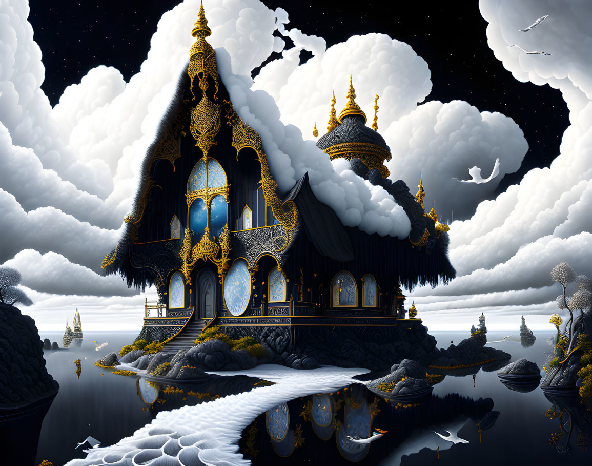 Intricate Black and Gold Fantasy Palace in Clouds at Night
