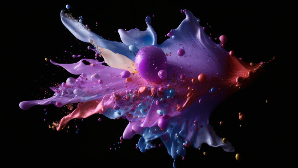 Colorful Liquids Splashing on Dark Background: Abstract Composition with Suspended Droplets