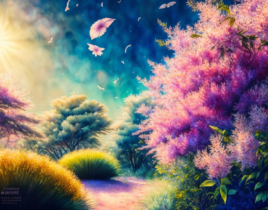 Colorful Fantasy Landscape with Glowing Pathway and Butterflies