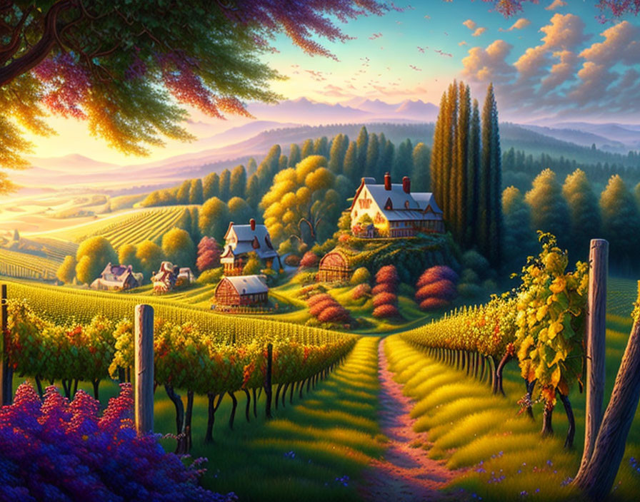 Rural Landscape with Vineyards, Cottage, and Sunset