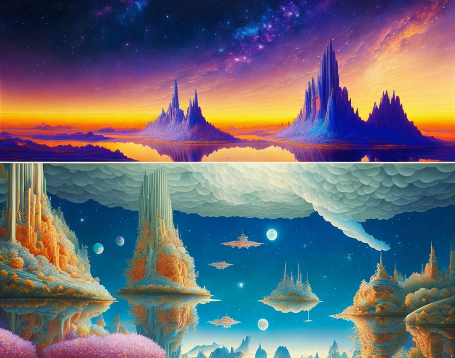 Split View of Fantastical Landscape: Spiky Rocks & Starry Sky Meet Underwater Ser