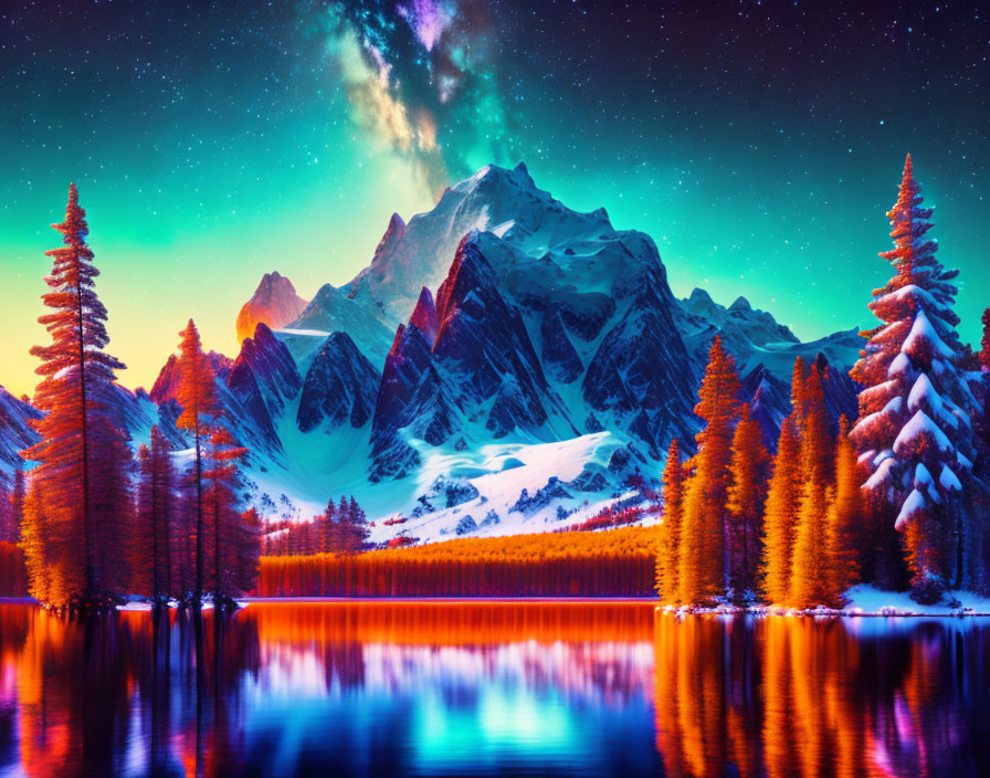 Snow-capped mountains, starry sky, colorful trees, and tranquil lake in vibrant scene