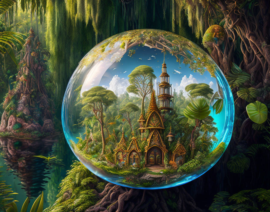 Miniature forest scene in glass orb with whimsical houses and central structure