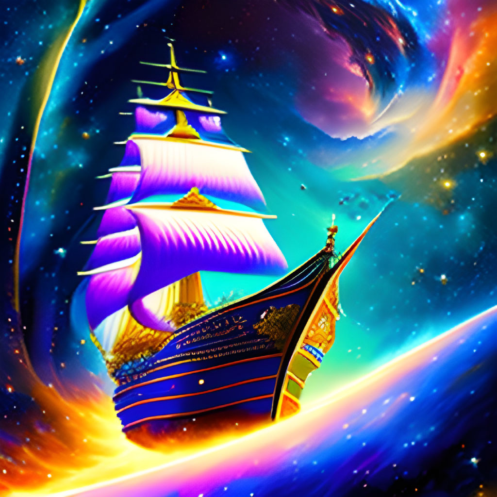 Colorful Fantasy Illustration: Ship Sailing in Cosmic Space